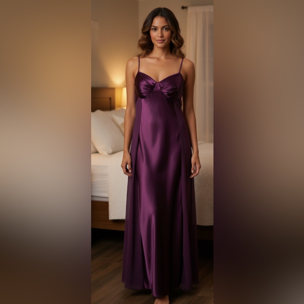Vintage Long Purple Satin Slip Dress Nightgown with Sheer Sides Sz Large